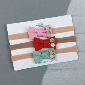 Kit laços de linho – Rosa, vermelho e verde