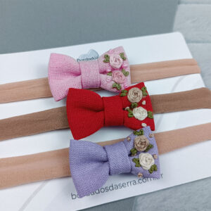 Kit laços de linho – Rosa, vermelho e lilás
